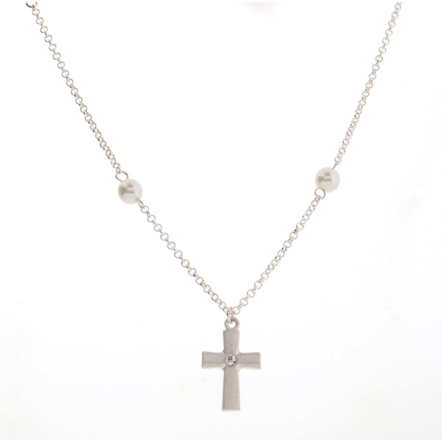 Kids 14" Pearl Station, Silver Chain with Crystal Center Silver Cross Necklace, 3" Ext
