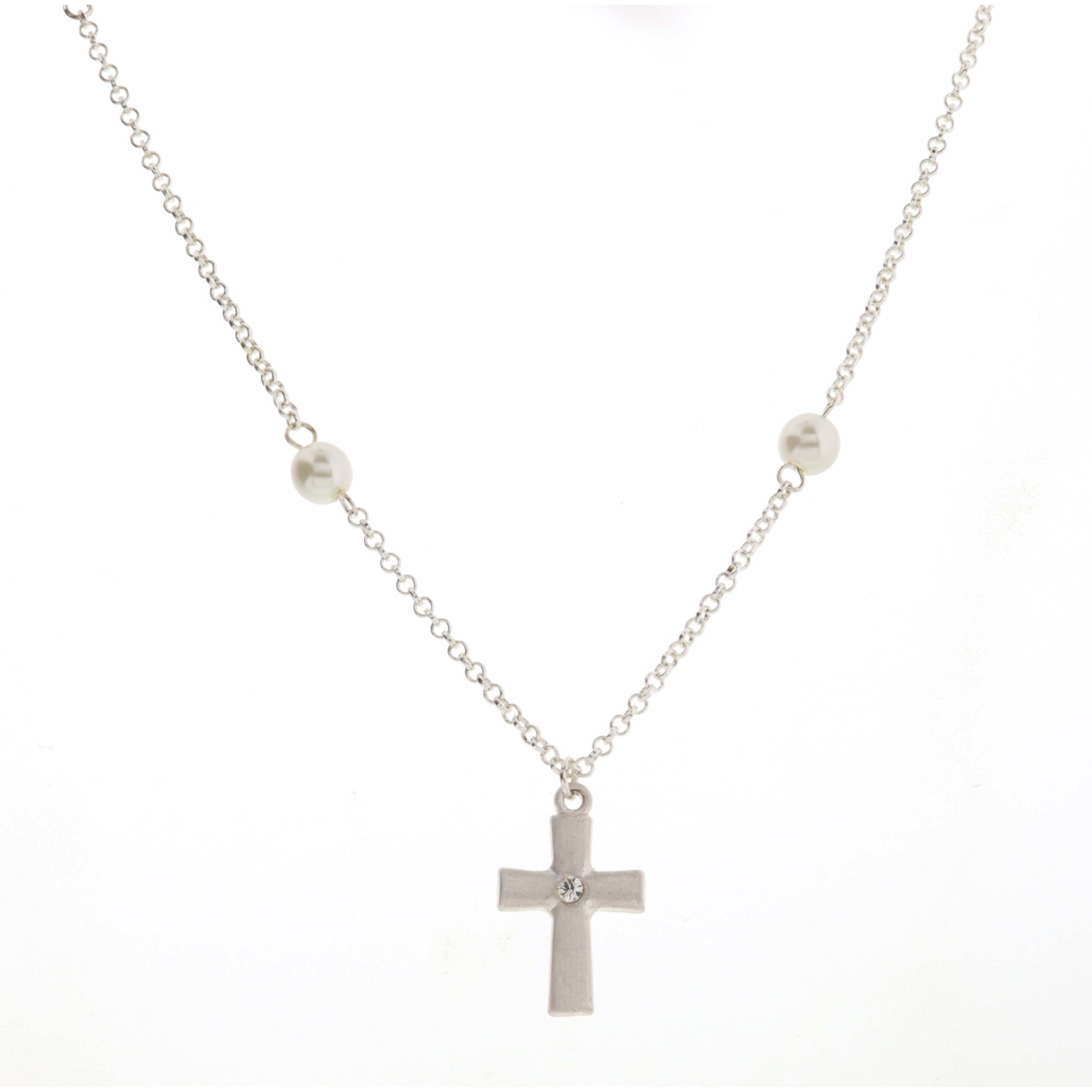 Kids 14" Pearl Station, Silver Chain with Crystal Center Silver Cross Necklace, 3" Ext