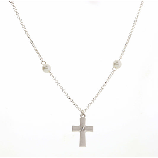 Kids 14" Pearl Station, Silver Chain with Crystal Center Silver Cross Necklace, 3" Ext