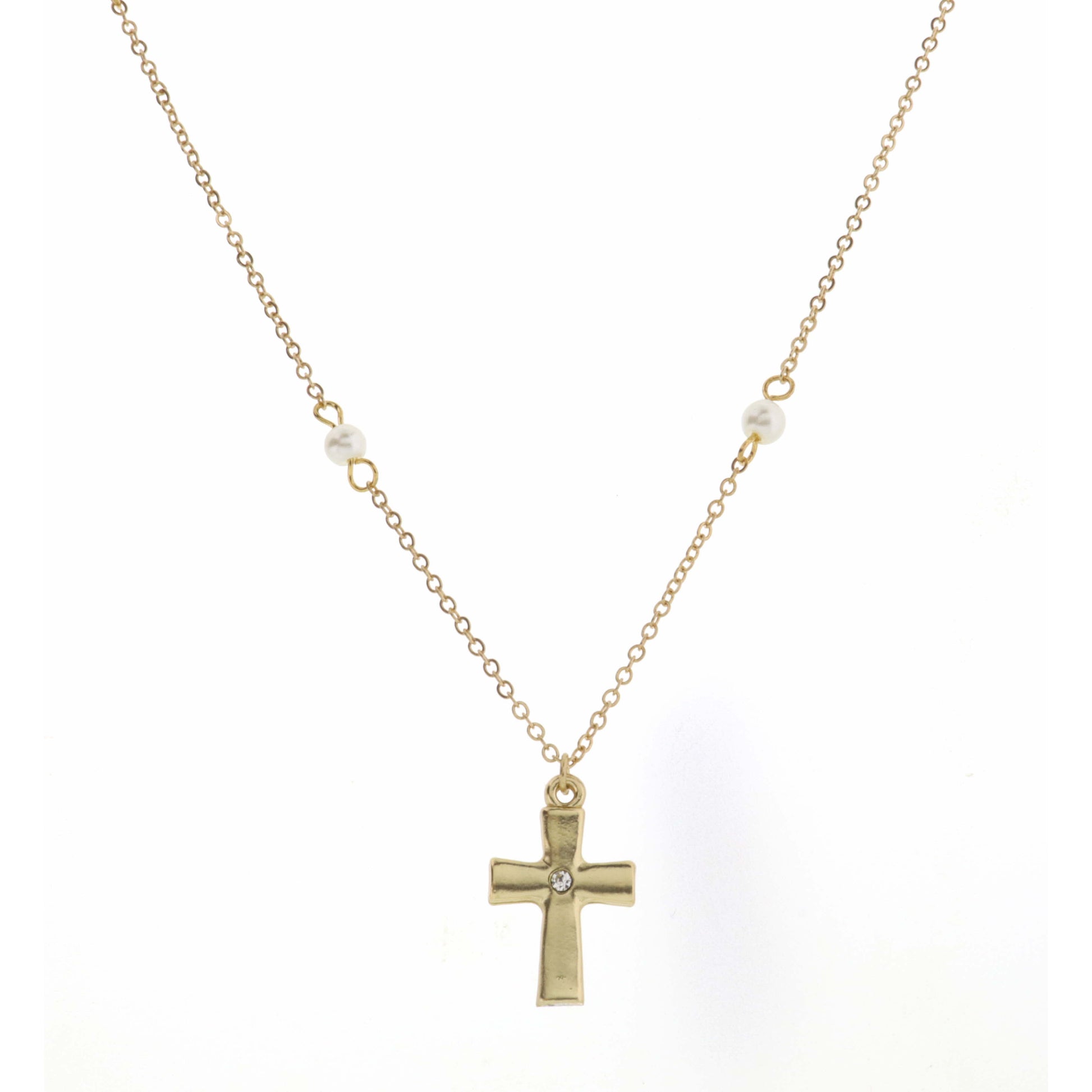 Kids 14" Pearl Station Chain with Crystal Center Gold Cross Necklace, 3" Ext