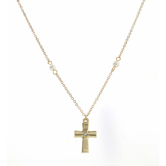 Kids 14" Pearl Station Chain with Crystal Center Gold Cross Necklace, 3" Ext