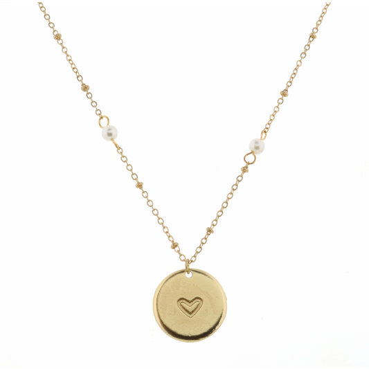 Kids 14" Pearl Station Chain with Disk with Heart Center Necklace, 3" Ext