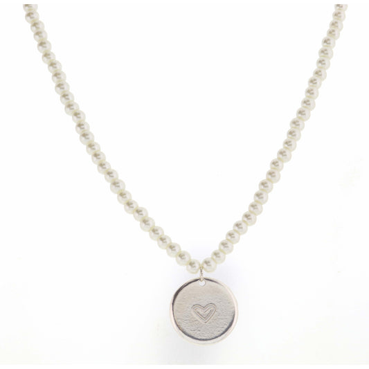 Kids 14" Pearl Body with Silver Disk with Heart Center Necklace, 3" Ext