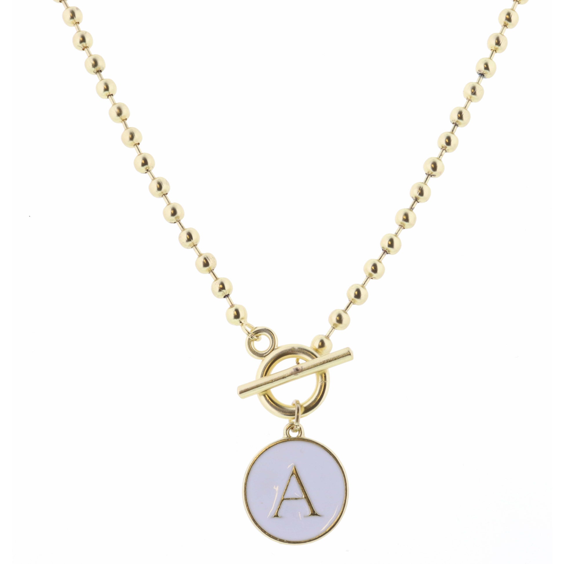 16" White Epoxy "A" Initial on Bead Chain with Toggle Necklace, 3" Ext