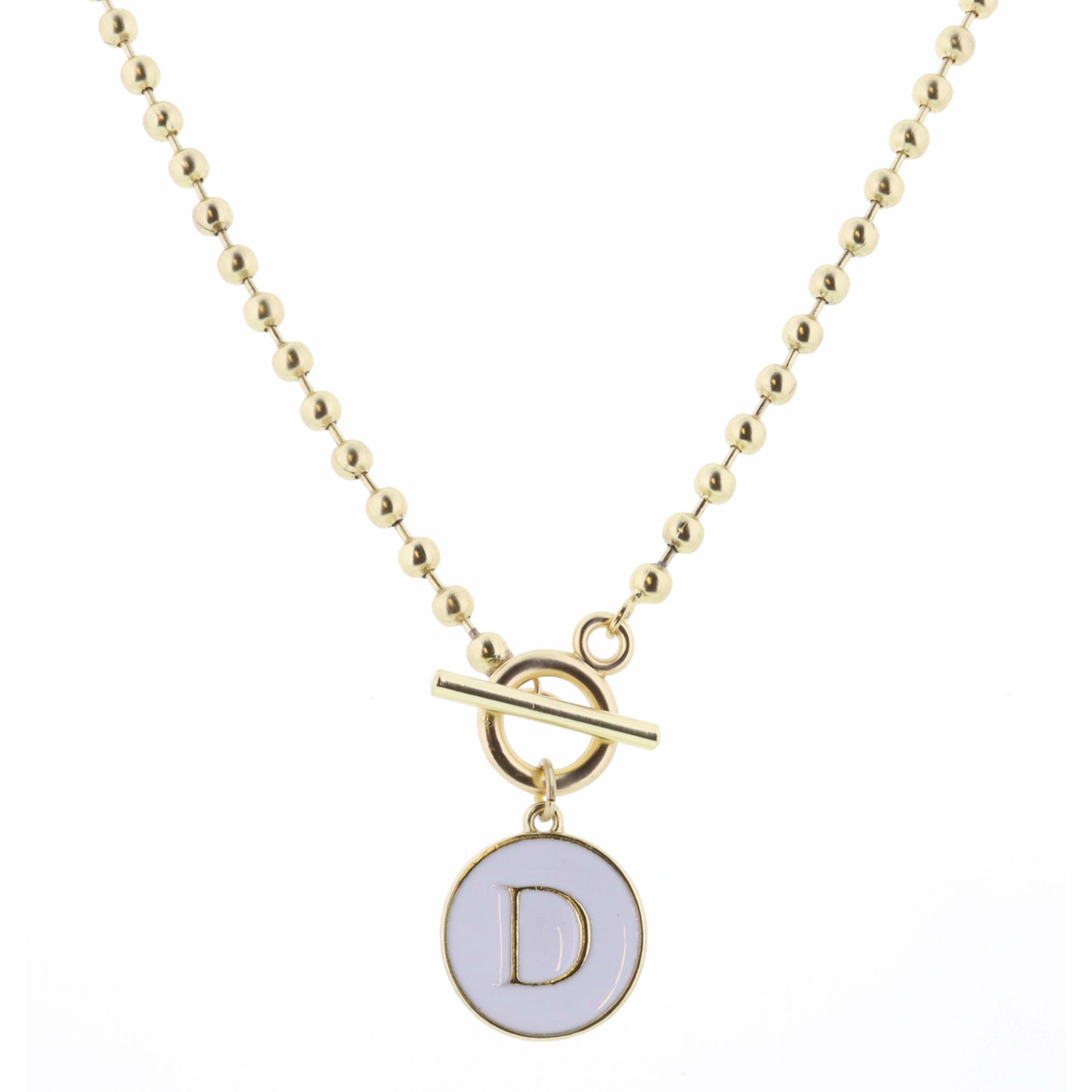16" White Epoxy "D" Initial on Bead Chain with Toggle Necklace, 3" Ext