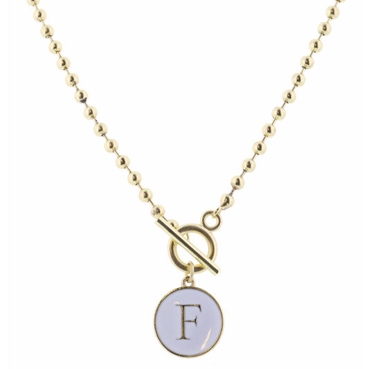 16" White Epoxy "F" Initial on Bead Chain with Toggle Necklace, 3" Ext