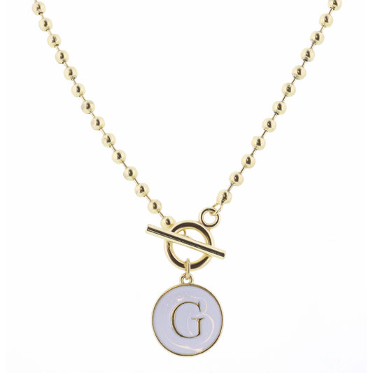 16" White Epoxy "G" Initial on Bead Chain with Toggle Necklace, 3" Ext