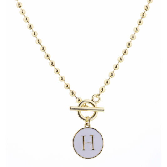 16" White Epoxy "H" Initial on Bead Chain with Toggle Necklace, 3" Ext