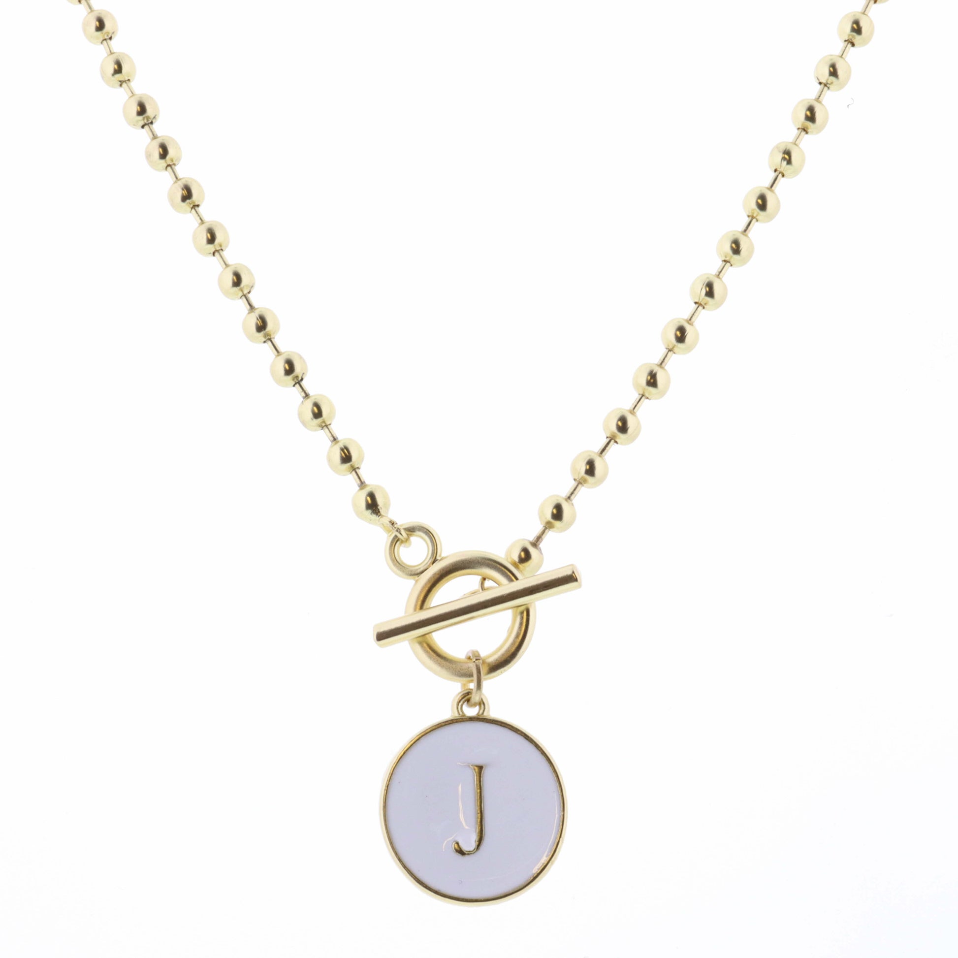16" White Epoxy "J" Initial on Bead Chain with Toggle Necklace, 3" Ext
