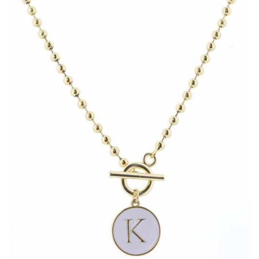16" White Epoxy "K" Initial on Bead Chain with Toggle Necklace, 3" Ext