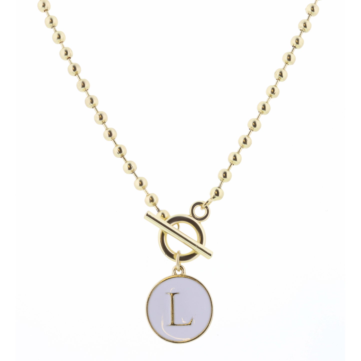 16" White Epoxy "L" Initial on Bead Chain with Toggle Necklace, 3" Ext
