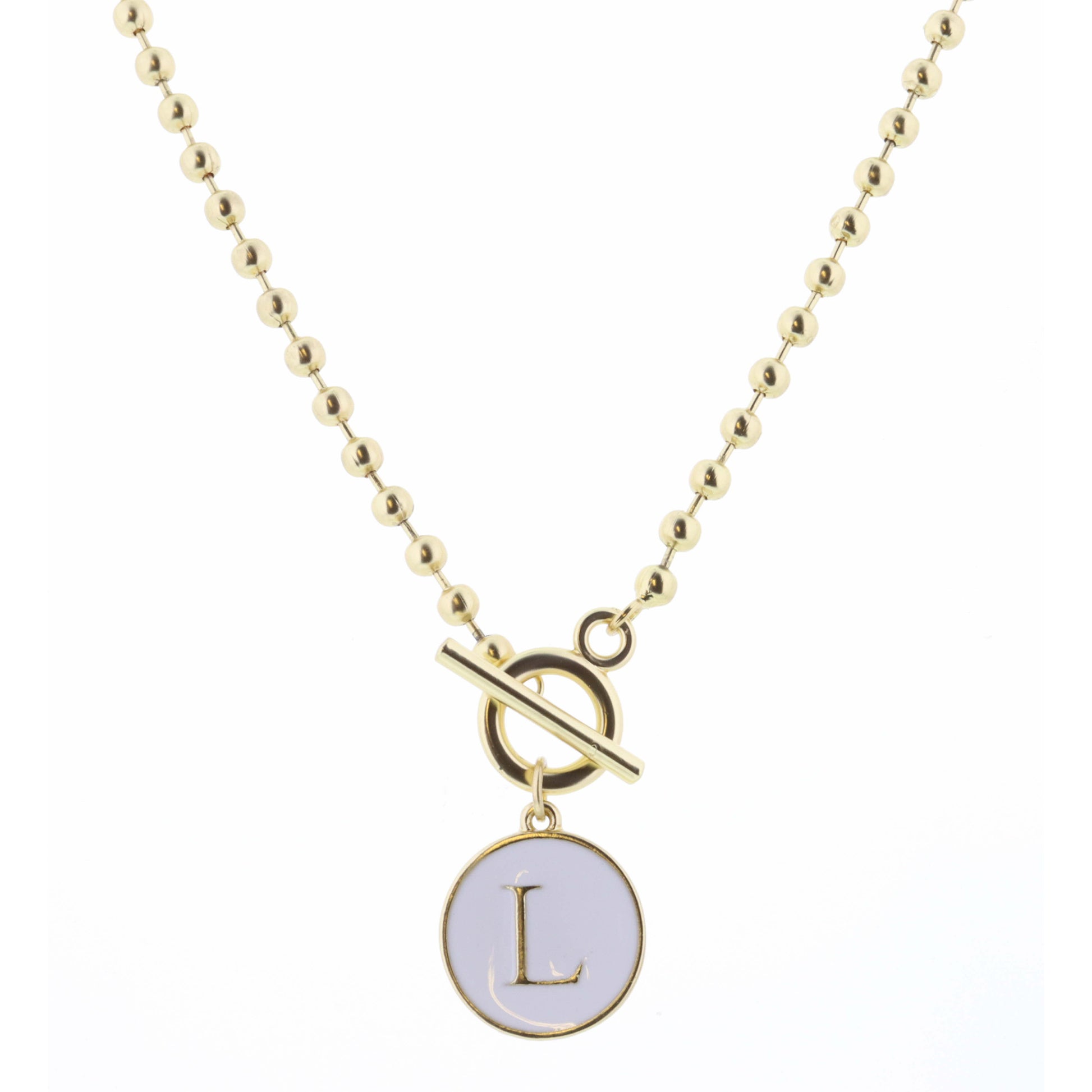 16" White Epoxy "L" Initial on Bead Chain with Toggle Necklace, 3" Ext