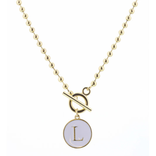 16" White Epoxy "L" Initial on Bead Chain with Toggle Necklace, 3" Ext