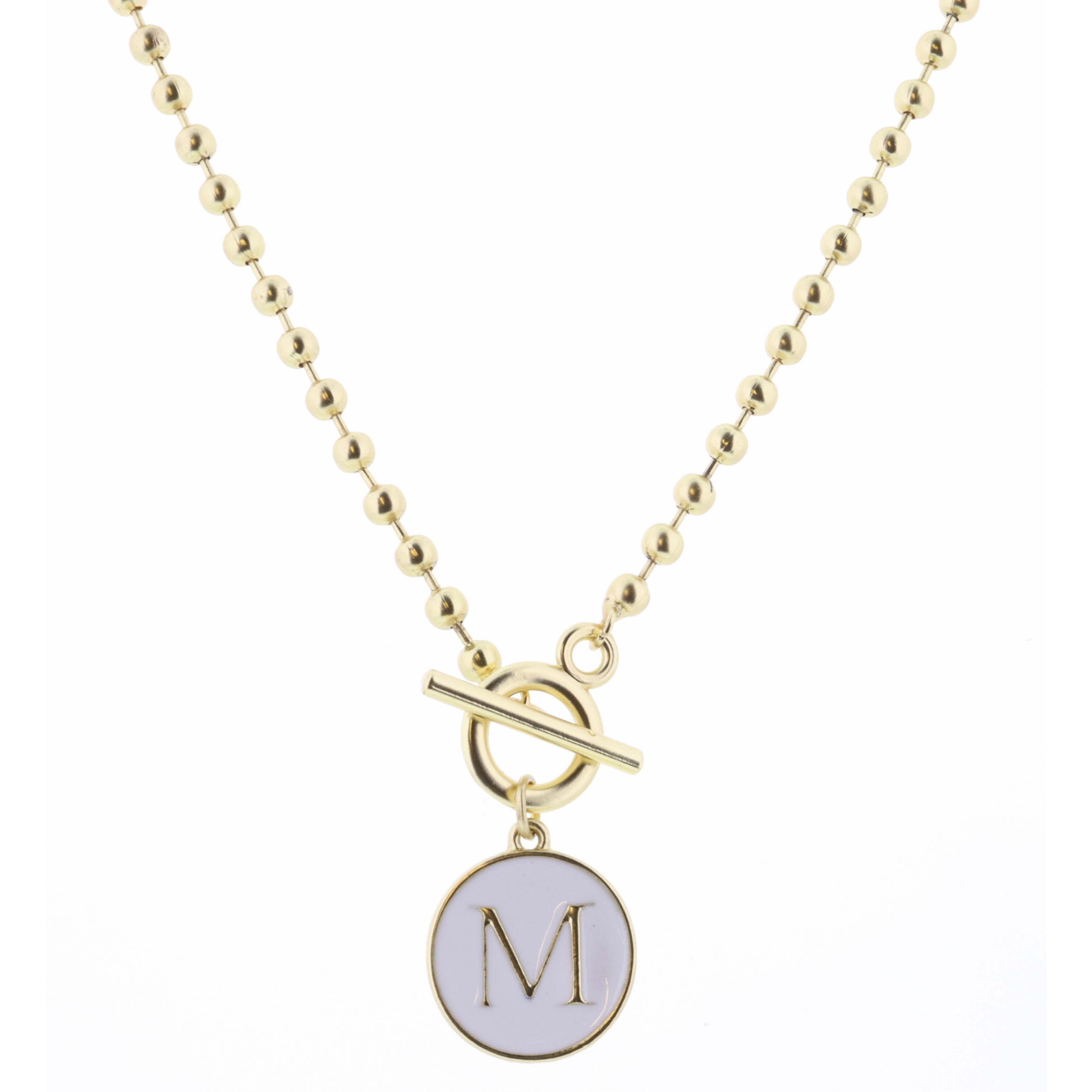 16" White Epoxy "M" Initial on Bead Chain with Toggle Necklace, 3" Ext