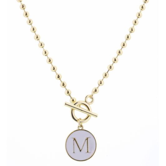 16" White Epoxy "M" Initial on Bead Chain with Toggle Necklace, 3" Ext