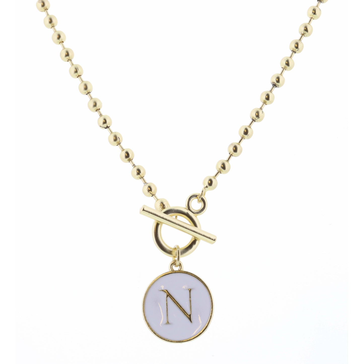 16" White Epoxy "N" Initial on Bead Chain with Toggle Necklace, 3" Ext