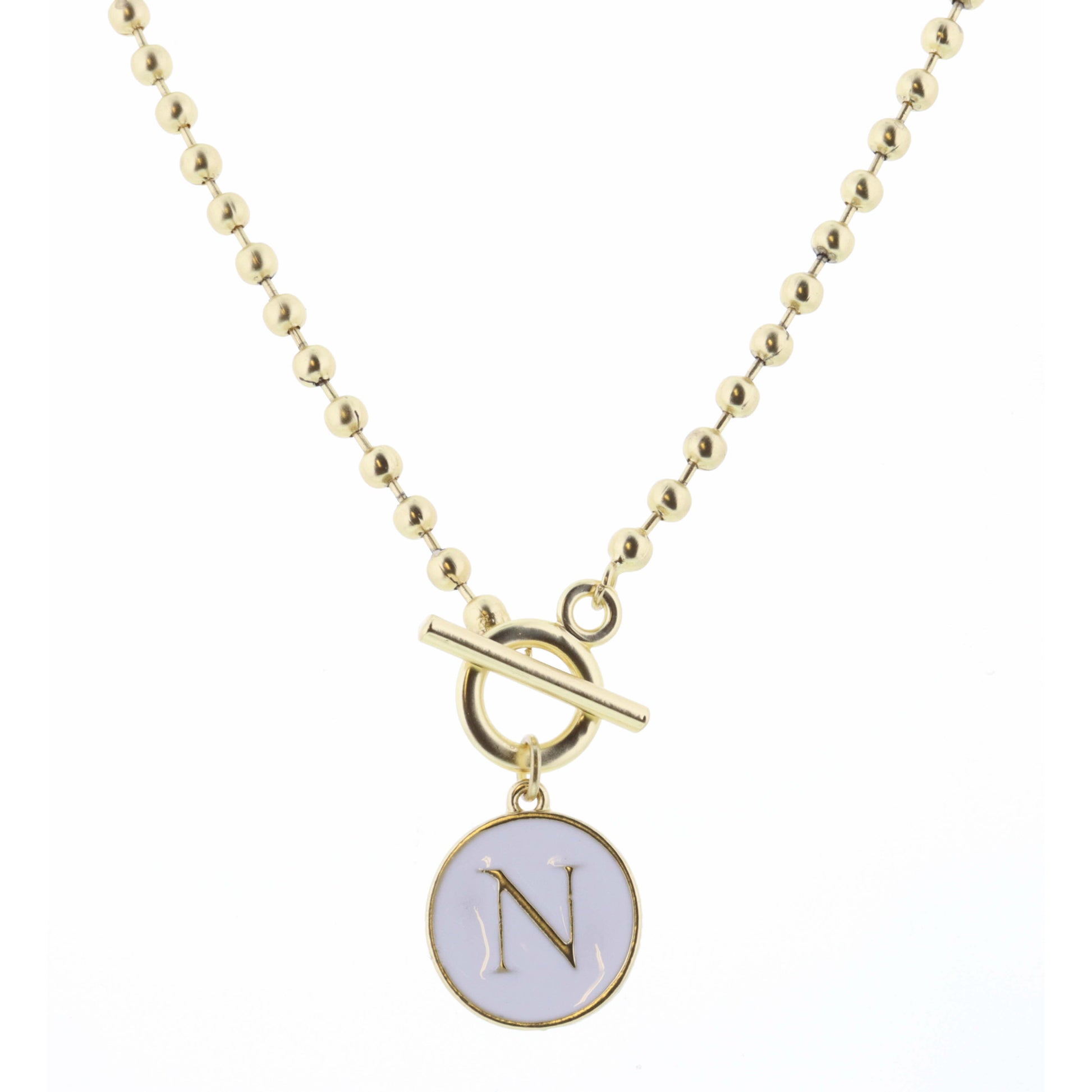 16" White Epoxy "N" Initial on Bead Chain with Toggle Necklace, 3" Ext