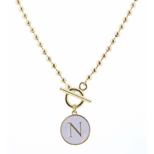 16" White Epoxy "N" Initial on Bead Chain with Toggle Necklace, 3" Ext