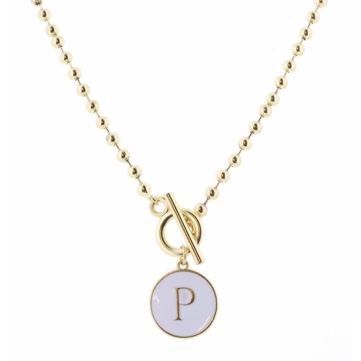 16" White Epoxy "P" Initial on Bead Chain with Toggle Necklace, 3" Ext