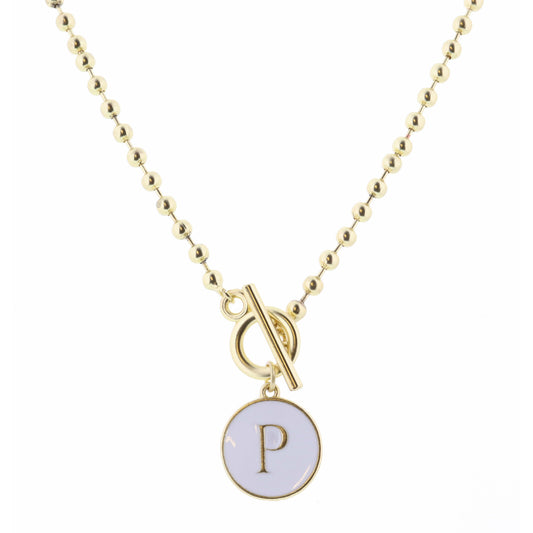16" White Epoxy "P" Initial on Bead Chain with Toggle Necklace, 3" Ext