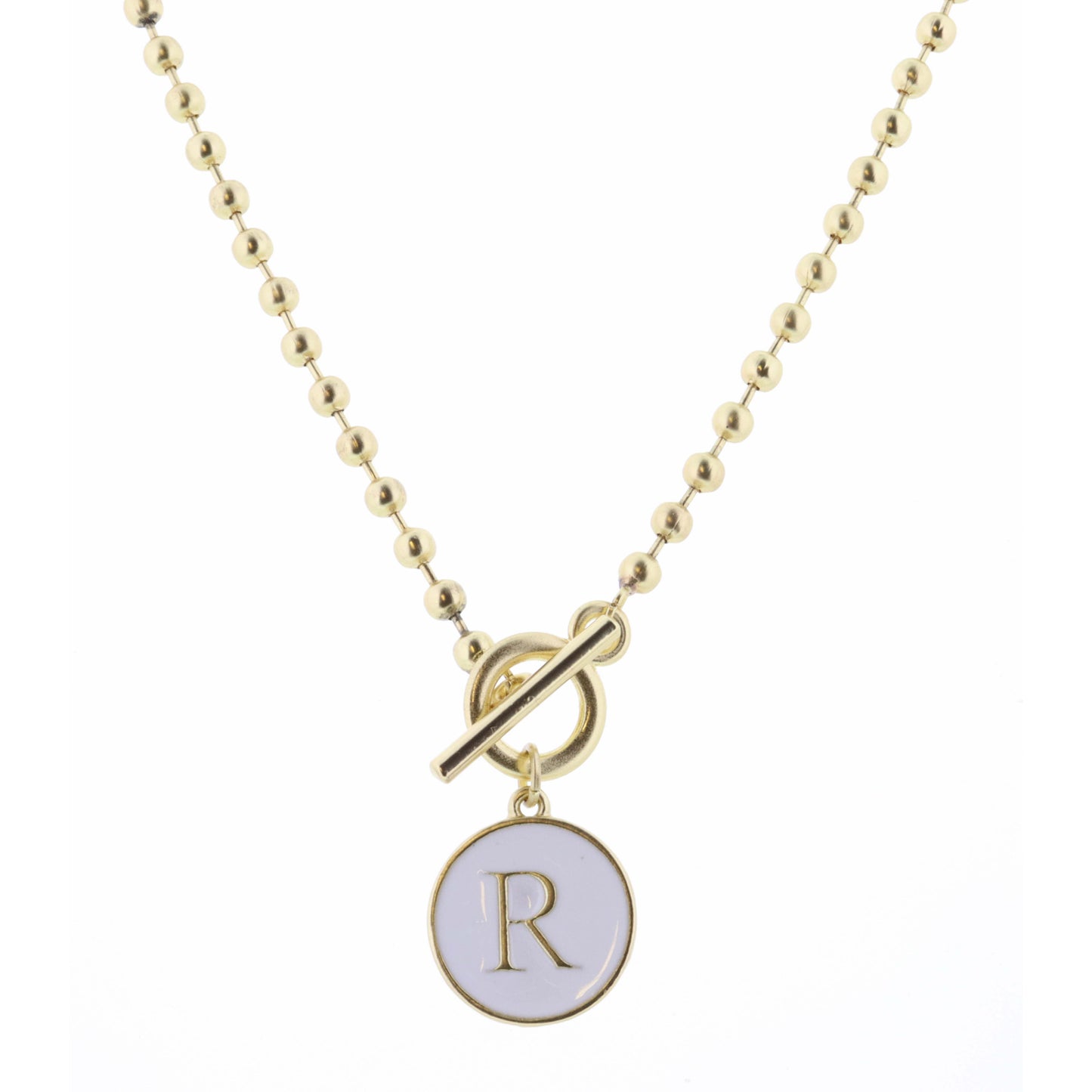 16" White Epoxy "R" Initial on Bead Chain with Toggle Necklace, 3" Ext