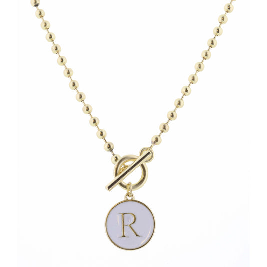 16" White Epoxy "R" Initial on Bead Chain with Toggle Necklace, 3" Ext