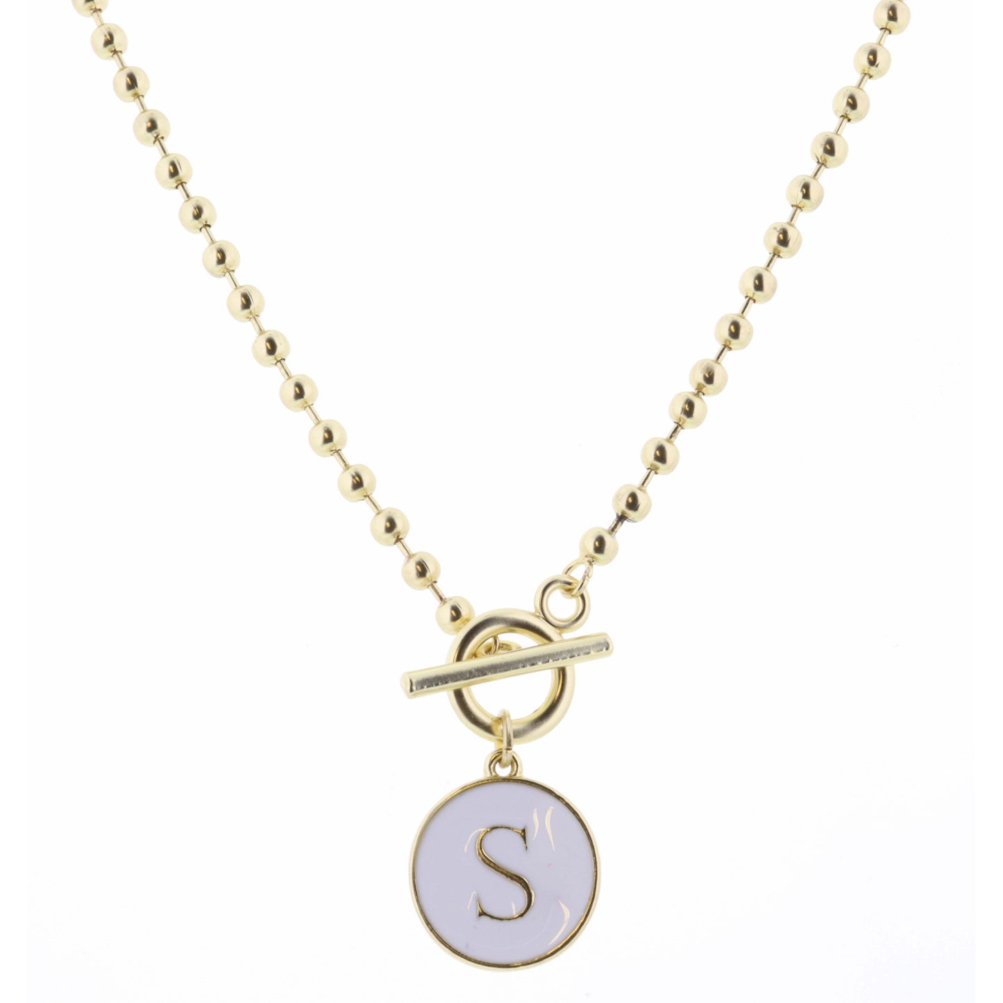 16" White Epoxy "S" Initial on Bead Chain with Toggle Necklace, 3" Ext