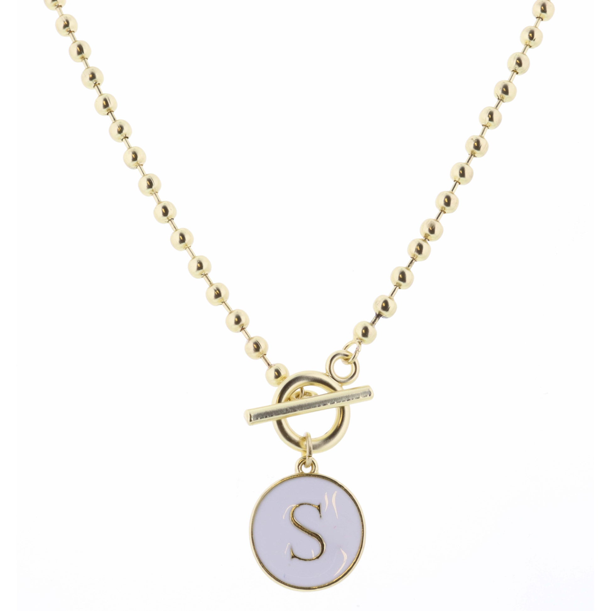 16" White Epoxy "S" Initial on Bead Chain with Toggle Necklace, 3" Ext