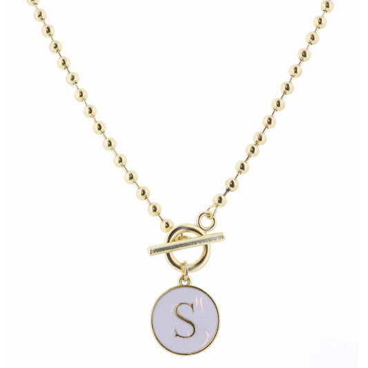 16" White Epoxy "S" Initial on Bead Chain with Toggle Necklace, 3" Ext