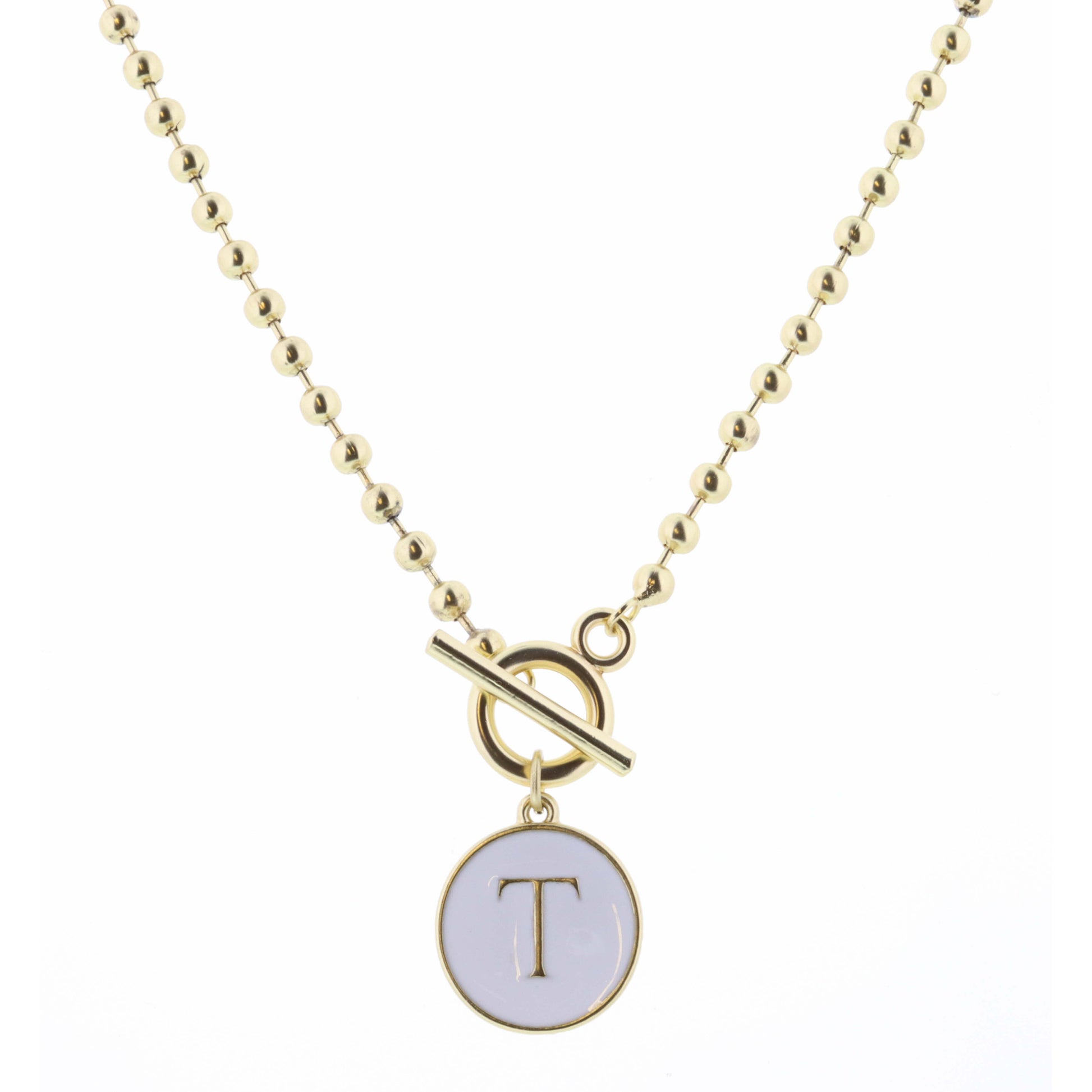 16" White Epoxy "T" Initial on Bead Chain with Toggle Necklace, 3" Ext
