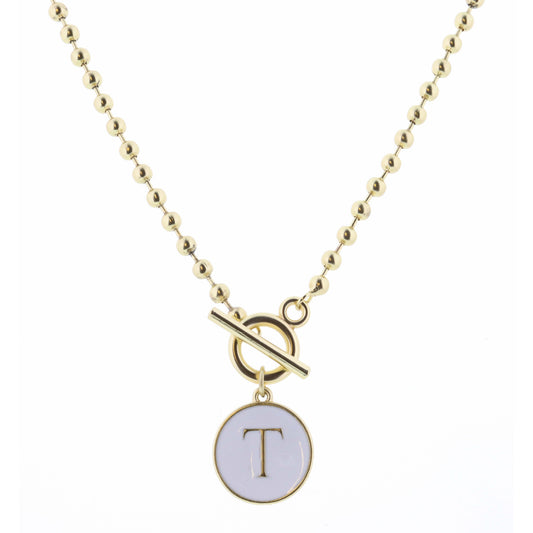 16" White Epoxy "T" Initial on Bead Chain with Toggle Necklace, 3" Ext
