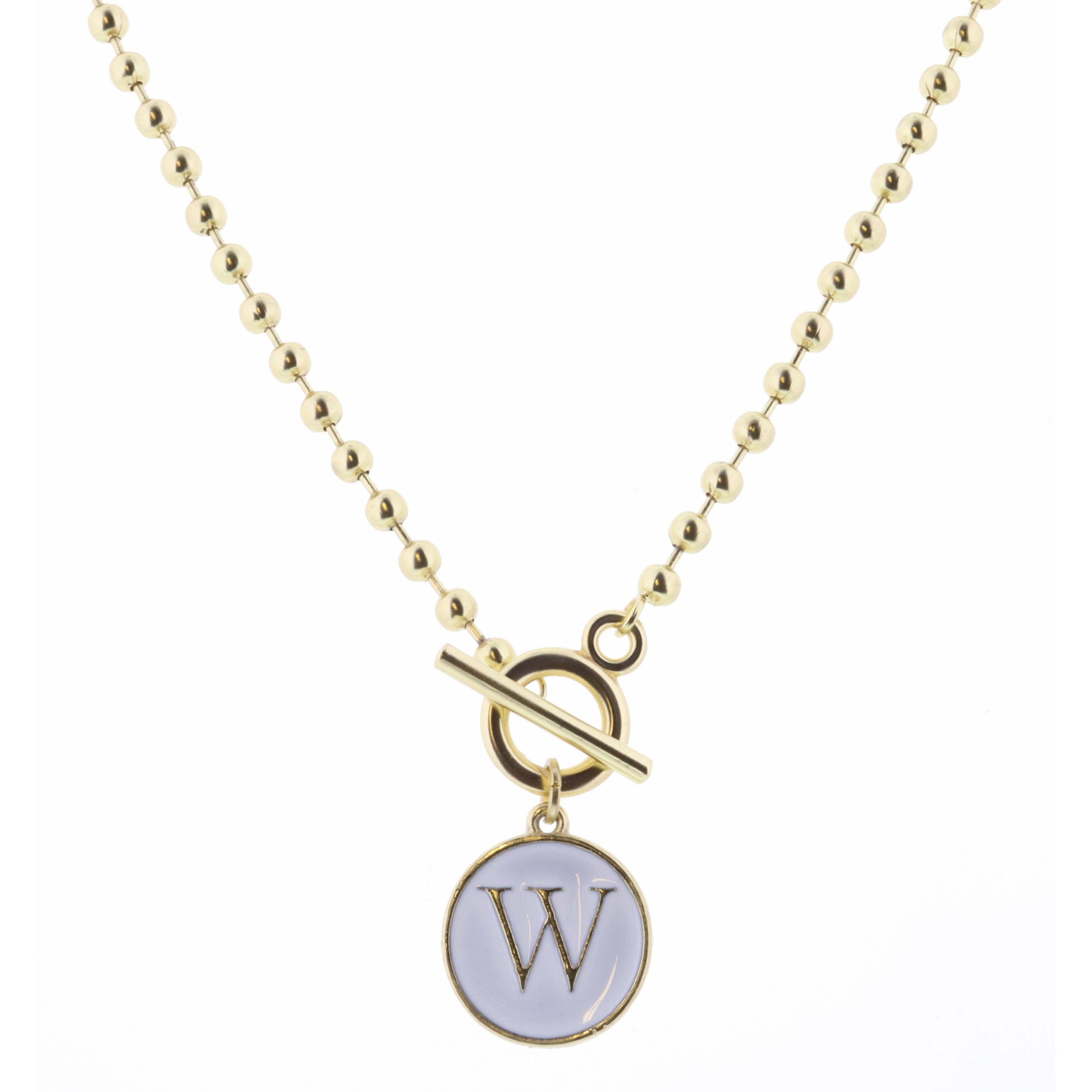 16" White Epoxy "W" Initial on Bead Chain with Toggle Necklace, 3" Ext
