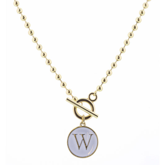 16" White Epoxy "W" Initial on Bead Chain with Toggle Necklace, 3" Ext