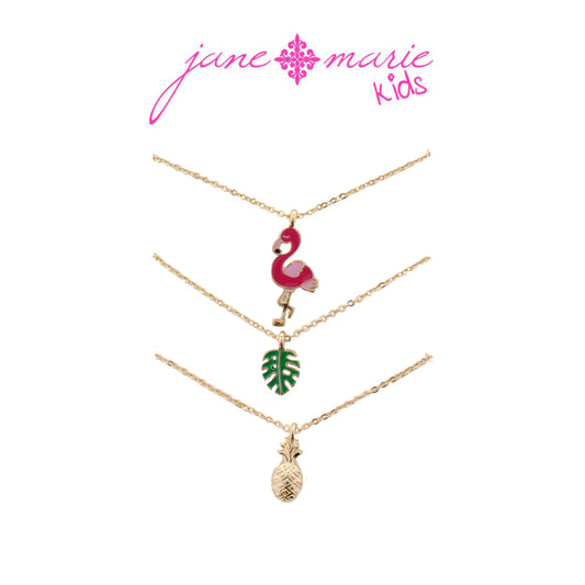 Kids 14" Set of 3, Flamingo, Palm Leaf, Pineapple Necklace, 3" Ext