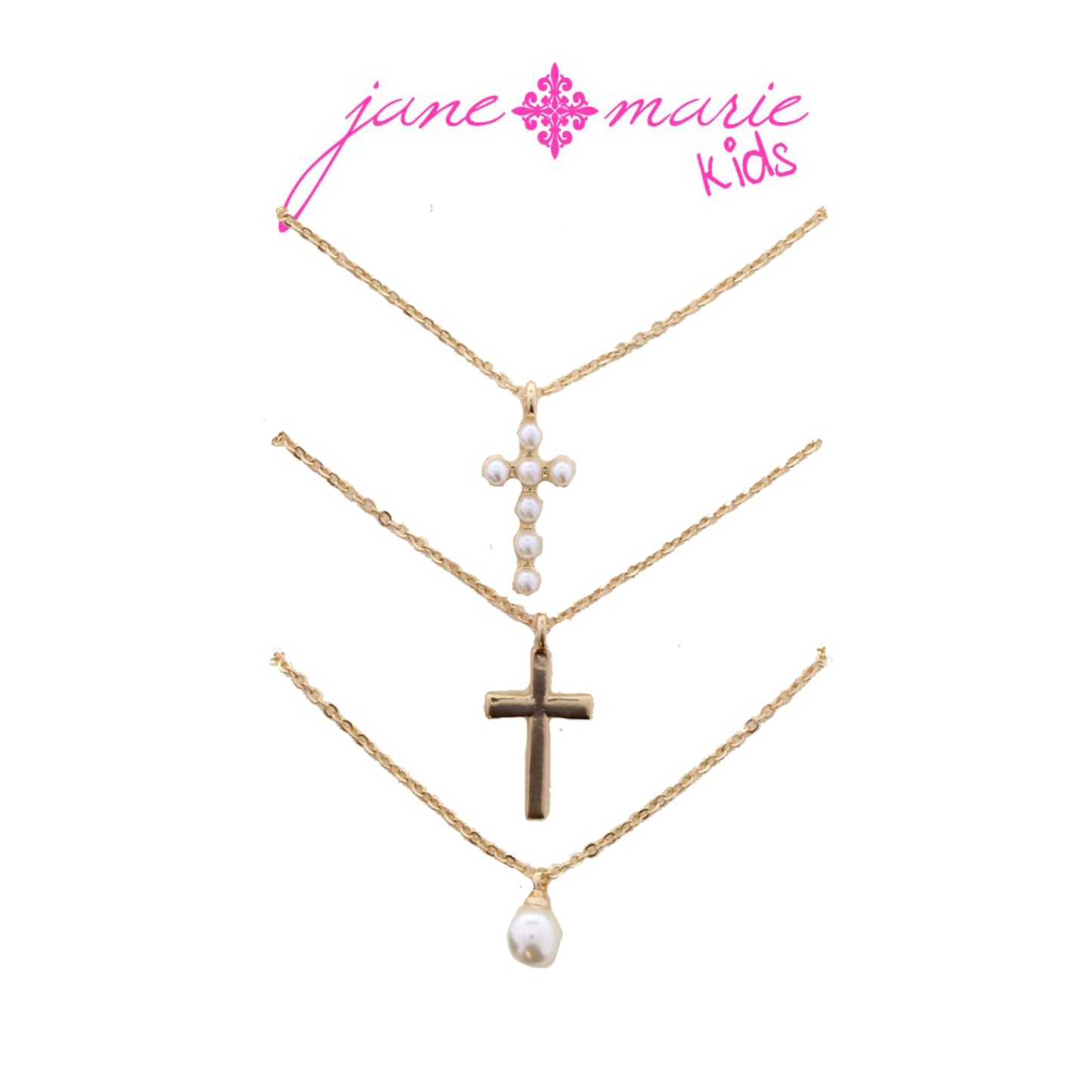 Kids 14" Set of 3, Pearl Cross, Gold Cross, Single Pearl Necklace, 3" Ext