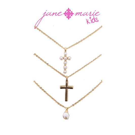 Kids 14" Set of 3, Pearl Cross, Gold Cross, Single Pearl Necklace, 3" Ext