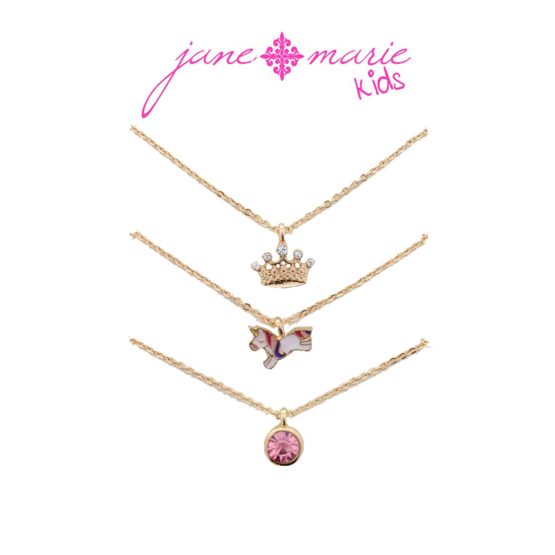 Kids 14" Set of 3, Crown, Unicorn, Pink Crystal Necklace, 3" Ext