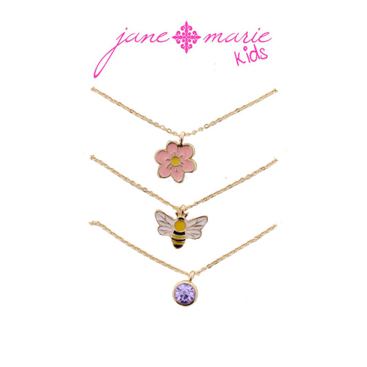 Kids 14" Set of 3, Flower, Bee, Lavender Crystal Necklace, 3" Ext