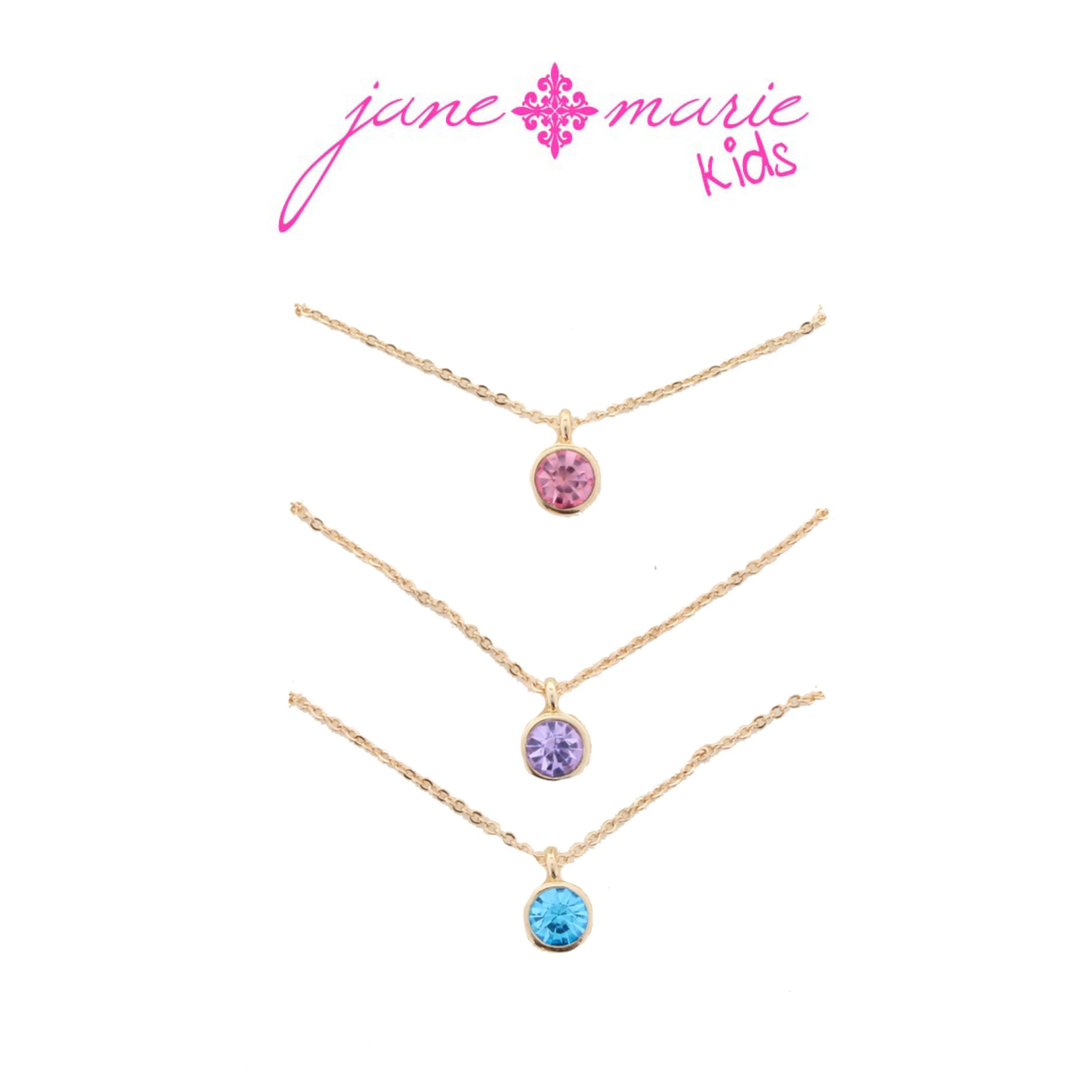 Kids 14" Set of 3, Pink, Lavender, Blue Crystal Necklace, 3" Ext