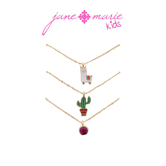 Kids 14" Set of 3, Llama, Cactus, Fuschia Crystal Necklace, 3" Ext