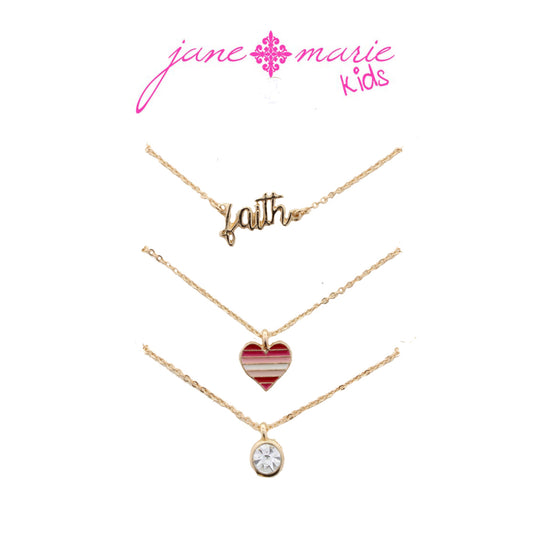 Kids 14" Set of 3, "Faith", Heart, Clear Crystal Necklace, 3" Ext