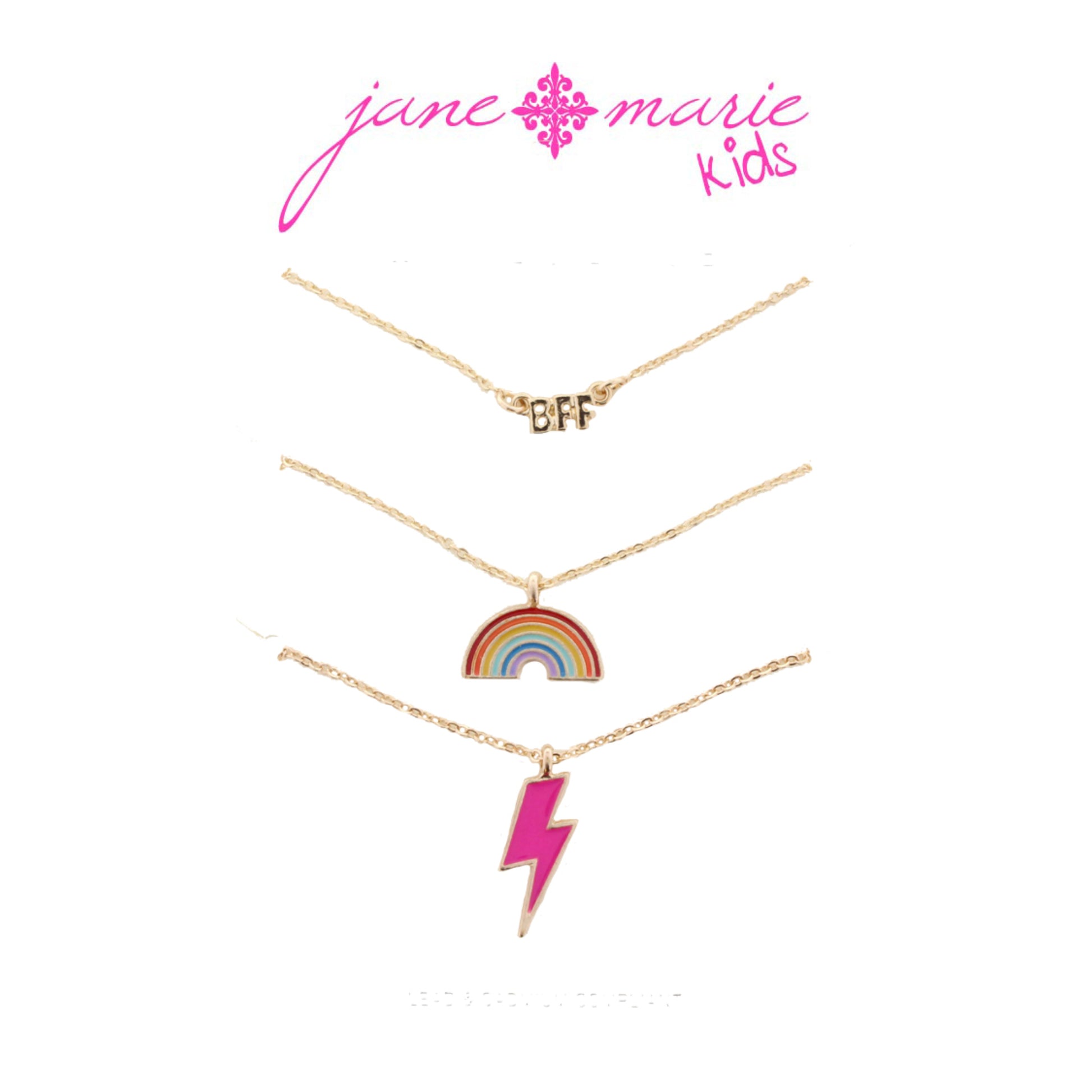 Kids 14" Set of 3, "BFF", Rainbow, Lightening Bolt Necklace, 3" Ext