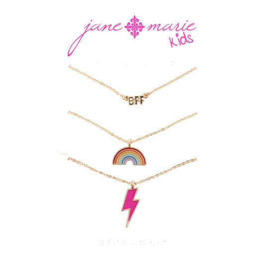 Kids 14" Set of 3, "BFF", Rainbow, Lightening Bolt Necklace, 3" Ext