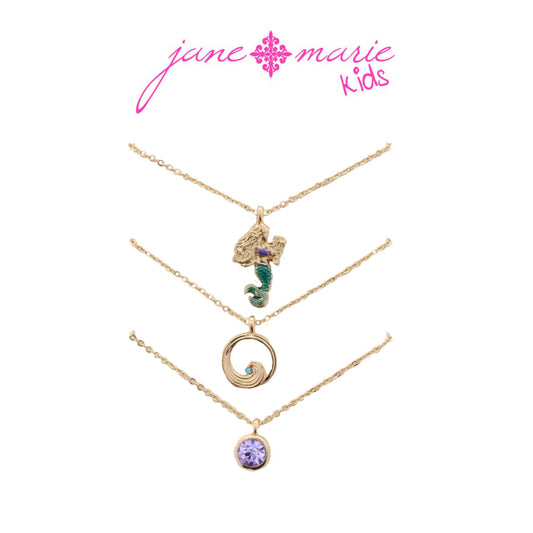 Kids 14" Set of 3, Mermaid, Wave, Lavender Crystal Necklace, 3" Ext