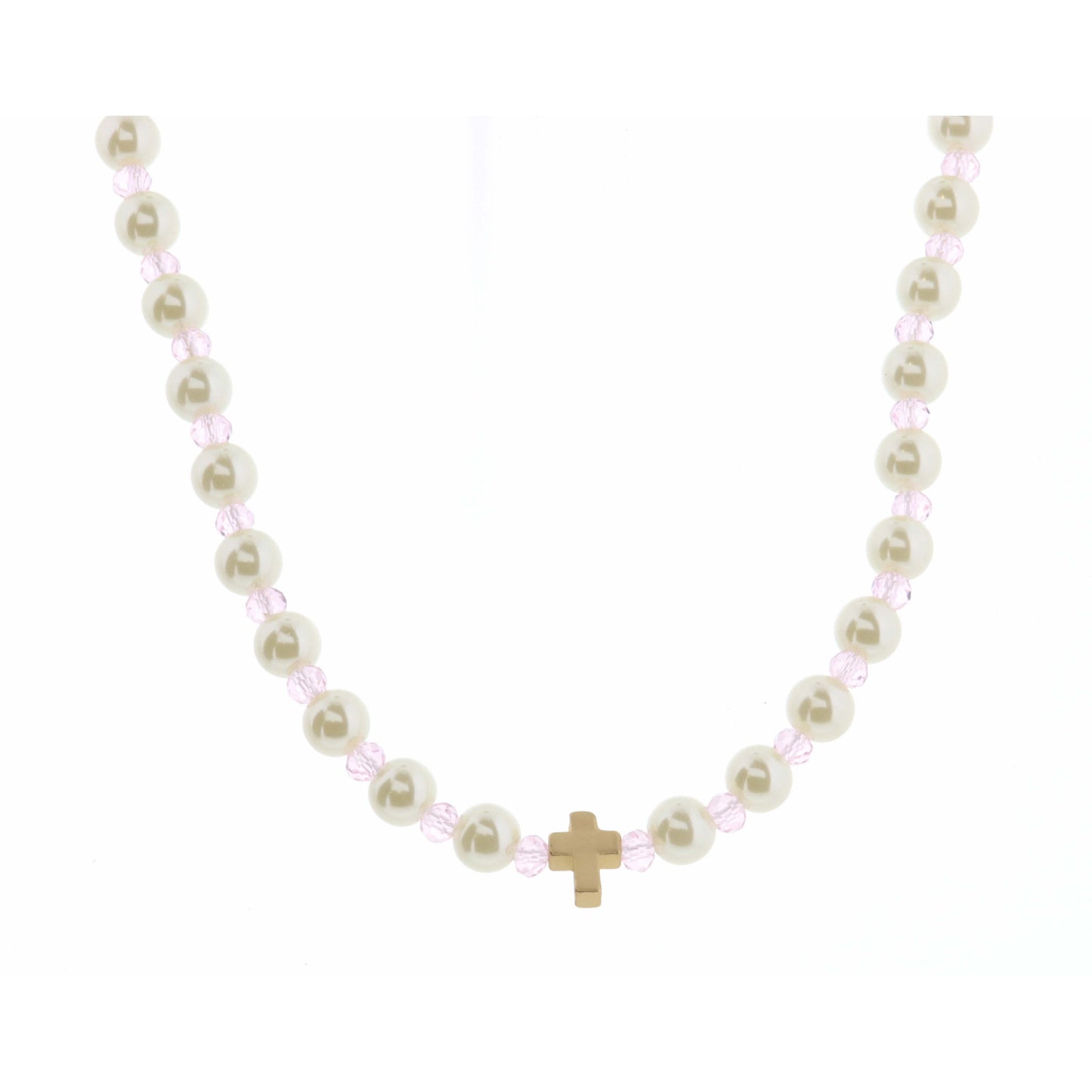 Kids 14" Pearl & Light Pink Faceted with Cross Necklace, 3" Ext