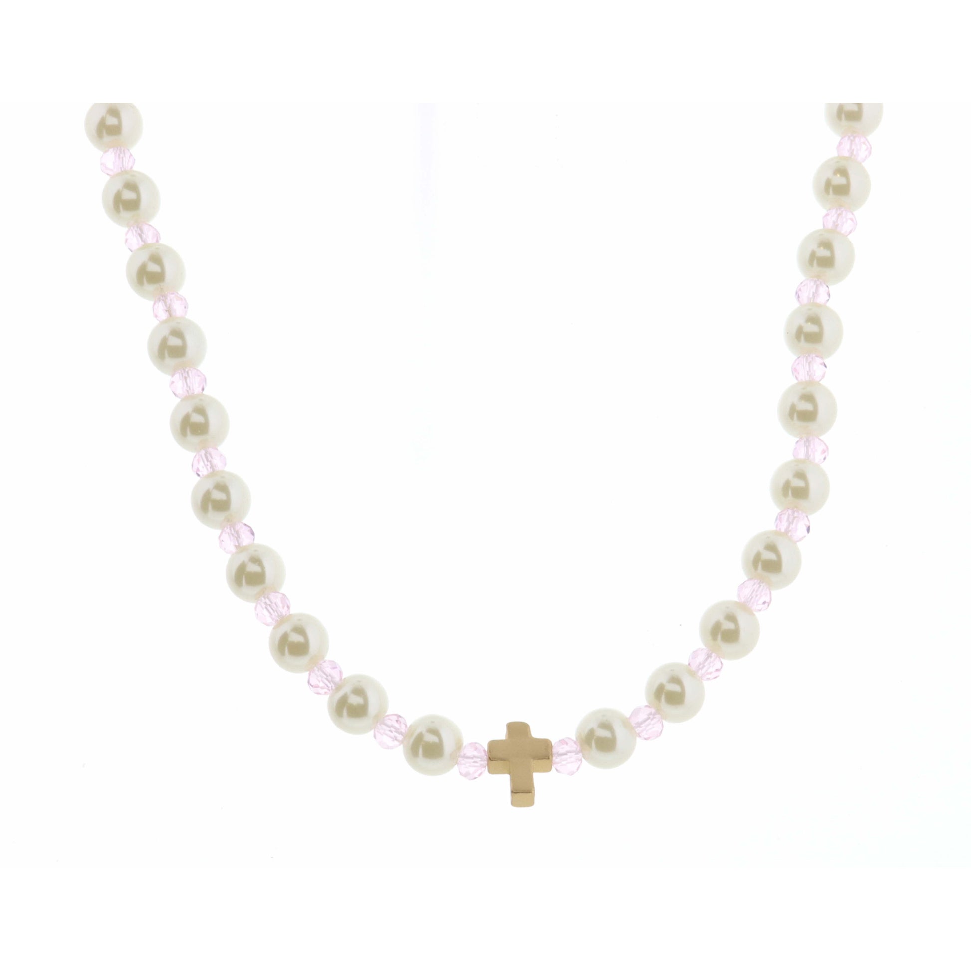 Kids 14" Pearl & Light Pink Faceted with Cross Necklace, 3" Ext