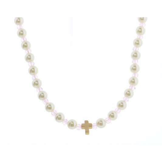 Kids 14" Pearl & Light Pink Faceted with Cross Necklace, 3" Ext