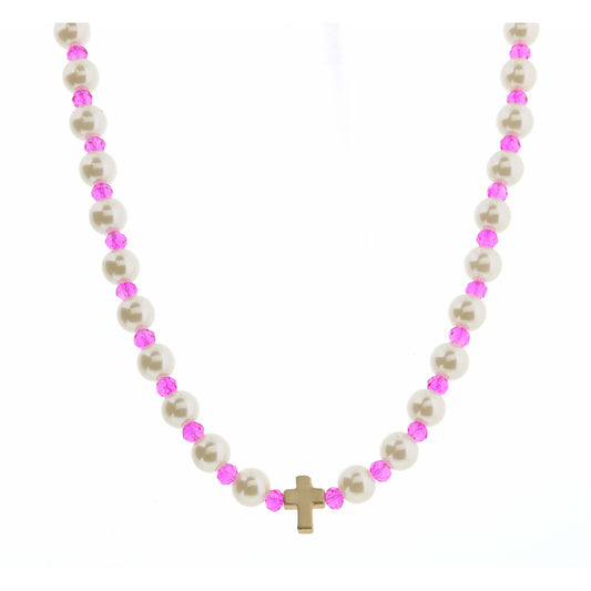 Kids 14" Pearl & Hot PInk Faceted with Cross Necklace, 3" Ext