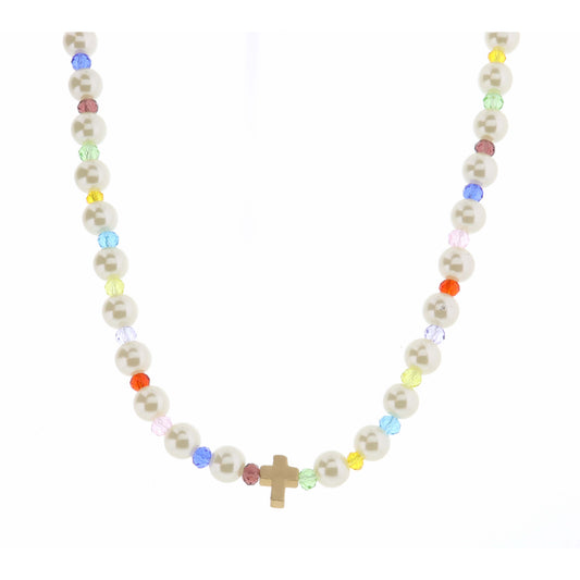 Kids 14" Pearl & Multi Faceted with Cross Necklace, 3" Ext