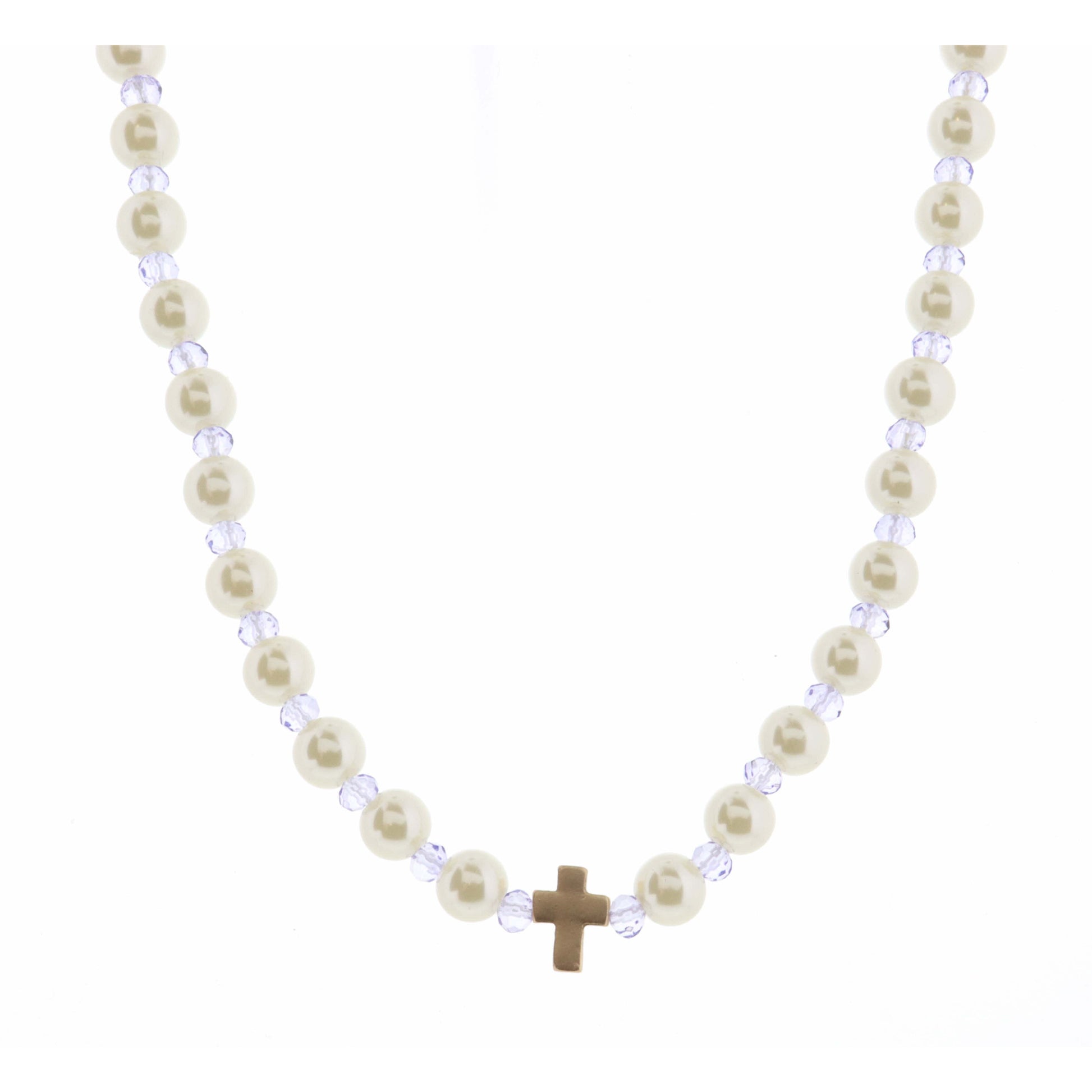 Kids 14" Pearl & Lavender Faceted with Cross Necklace, 3" Ext
